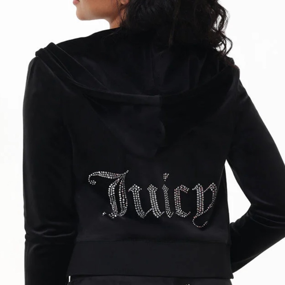 Juicy Couture OG Bling Velour Hoodie Women S Black Rhinestone Y2K Stretch